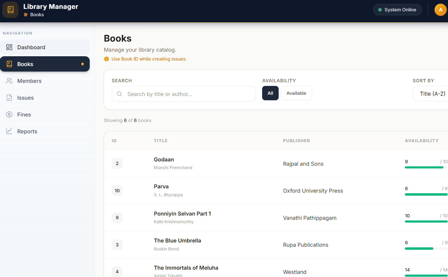 Library Management System hover preview